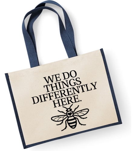 Manchester Bee Large Jute Shopper Bag - We Do Things Differently Here
