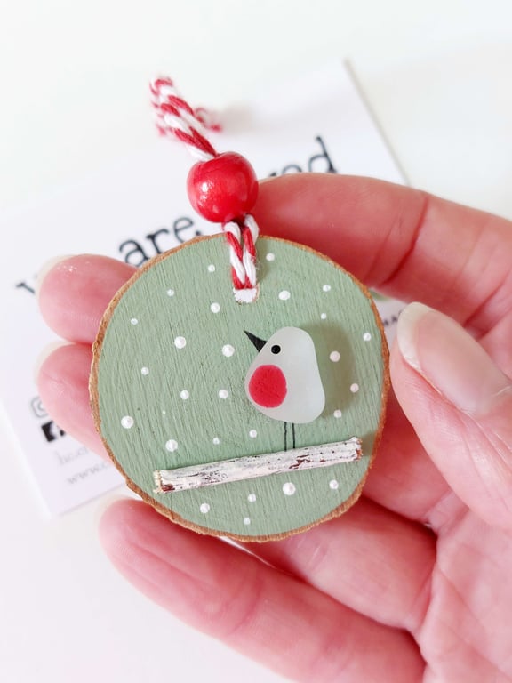 Sea Glass Robin Hanging Decoration - Sea Glass Bird Ornament, Wooden Ornament