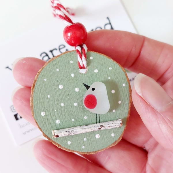 Sea Glass Robin Hanging Decoration - Sea Glass Bird Ornament, Wooden Ornament