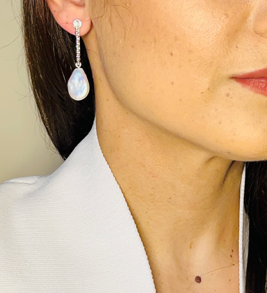 Baroque Pearl Drop Earrings, Sterling Silver Elegant Bridal and Occasion Jewelry