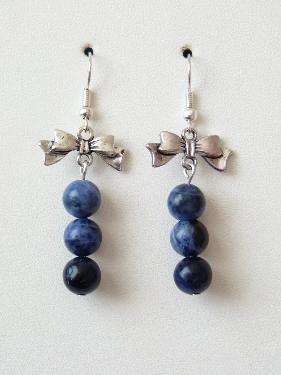 Sodalite Bow Drop Earrings- Genuine Gemstone 