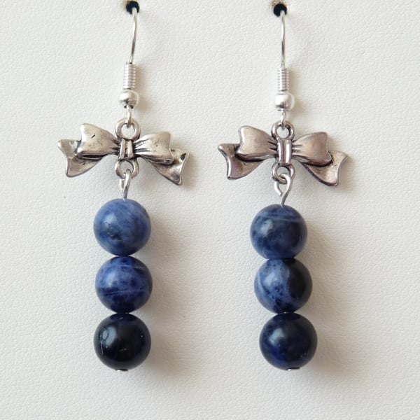 Sodalite Bow Drop Earrings- Genuine Gemstone 