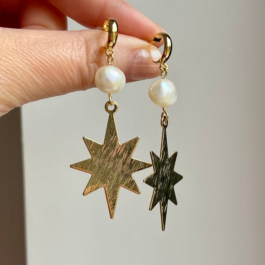 North star pearl earrings, gold statement dangle earrings 