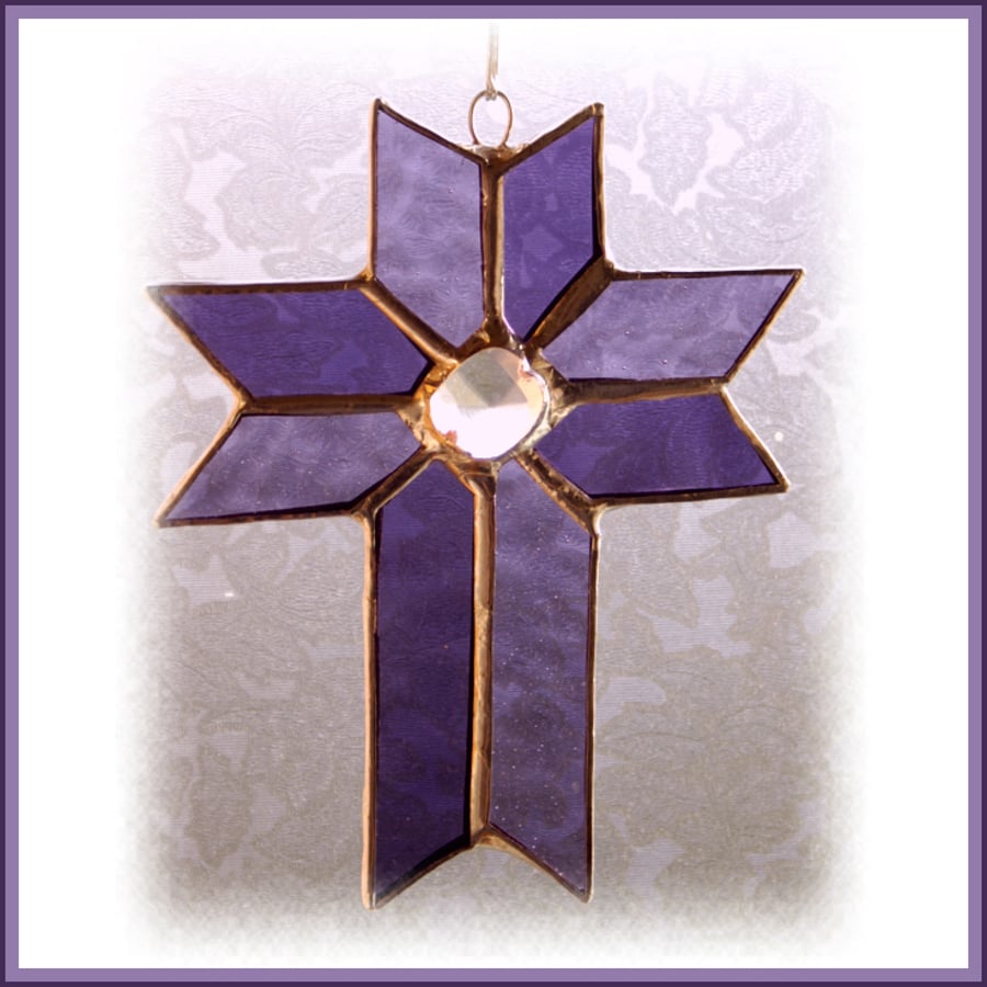SOLD Cross Suncatcher Stained Glass Purple Crystal Handmade British 