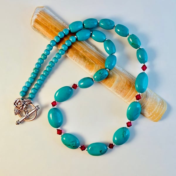 Genuine Turquoise Necklace With Swarovski 'Ruby' Crystals - Handmade In Devon