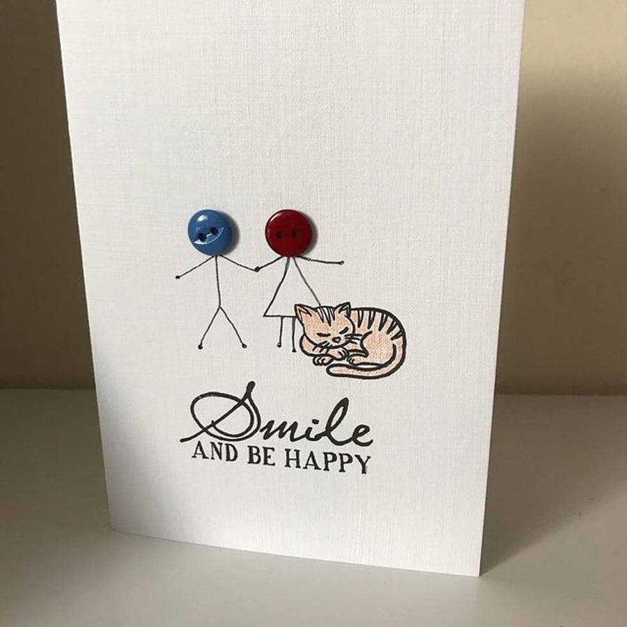 Button People with Cat 'Smile and Be Happy' Greetings Card