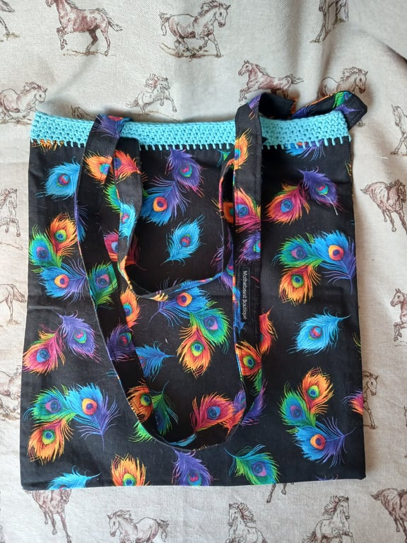 Handmade totebag, colourful peacock feather design