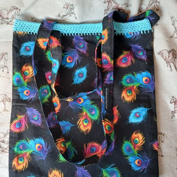 Handmade totebag, colourful peacock feather design