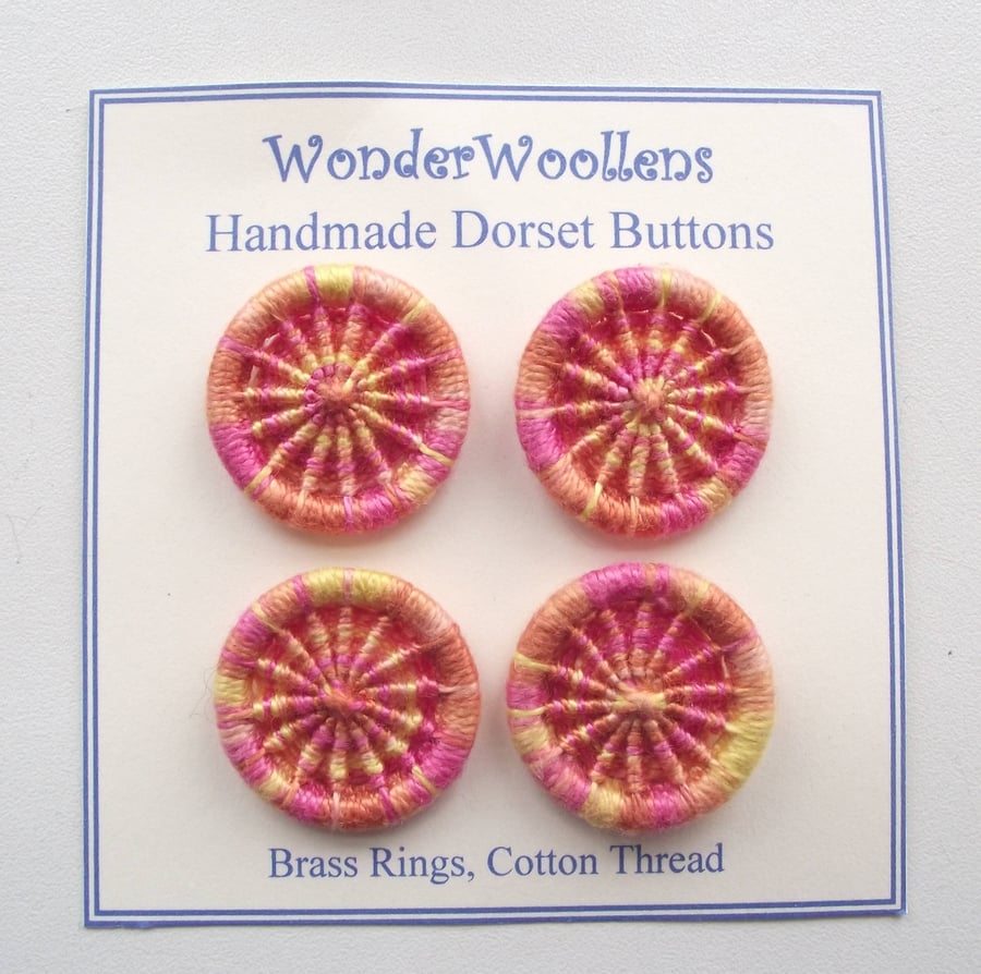 Dorset Buttons or Embellishments, Four x 2.6cm, Yellow Pink Orange Cotton Thread