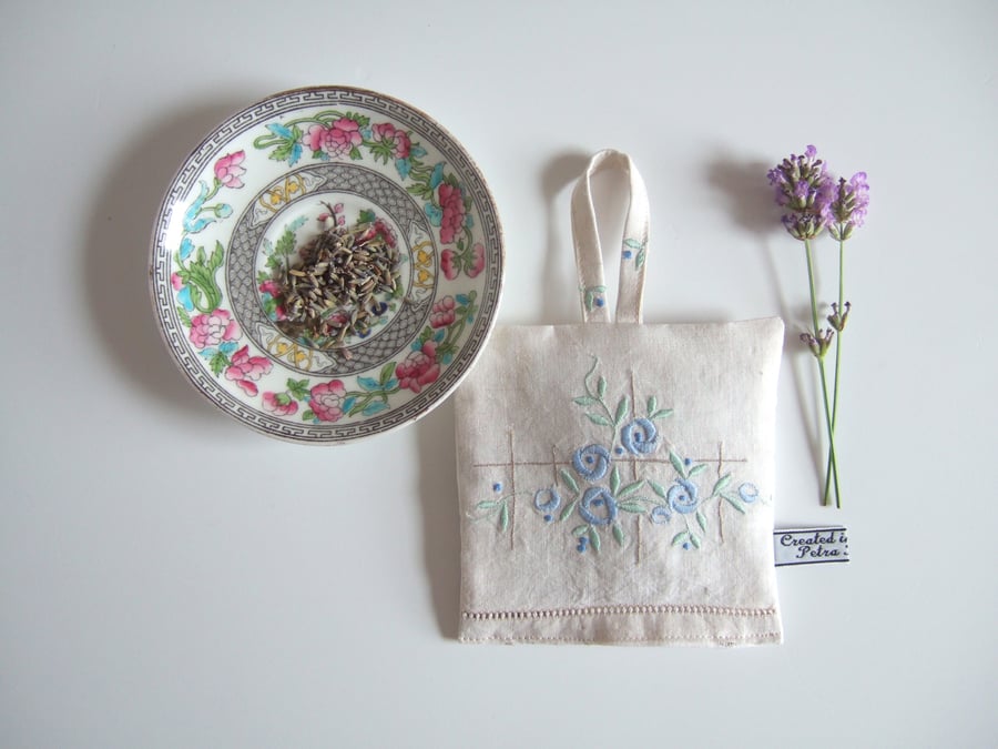 Vintage embroidered linen lavender bag 