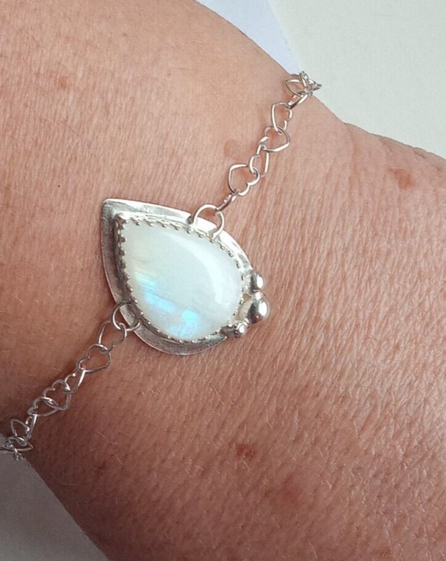 Blue Flash Moonstone Teardrop in Sterling Silver Heart Link Adjustable Bracelet