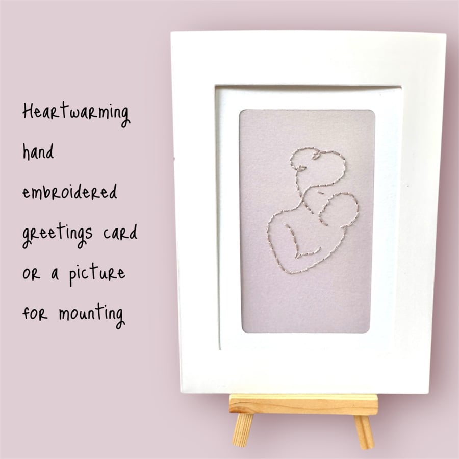 Mother and baby hand embroidered greeting cards, framed art. New baby, new mum