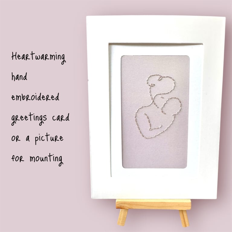 Mother and baby hand embroidered greeting cards, framed art. New baby, new mum