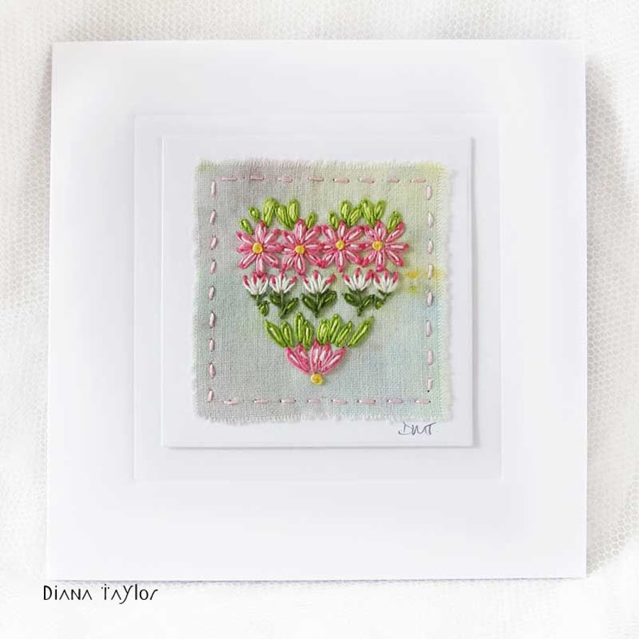 HAND EMBROIDERED GREETING CARD - HEART VALENTINES DAY