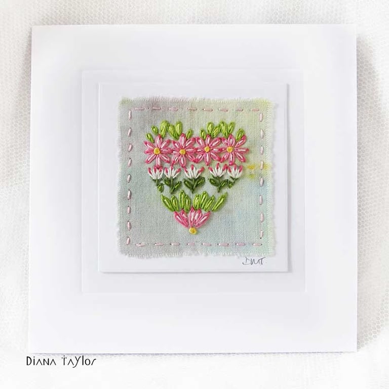 HAND EMBROIDERED GREETING CARD - HEART VALENTINES DAY