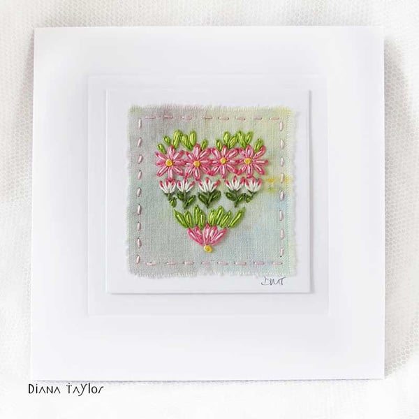 HAND EMBROIDERED GREETING CARD - HEART VALENTINES DAY