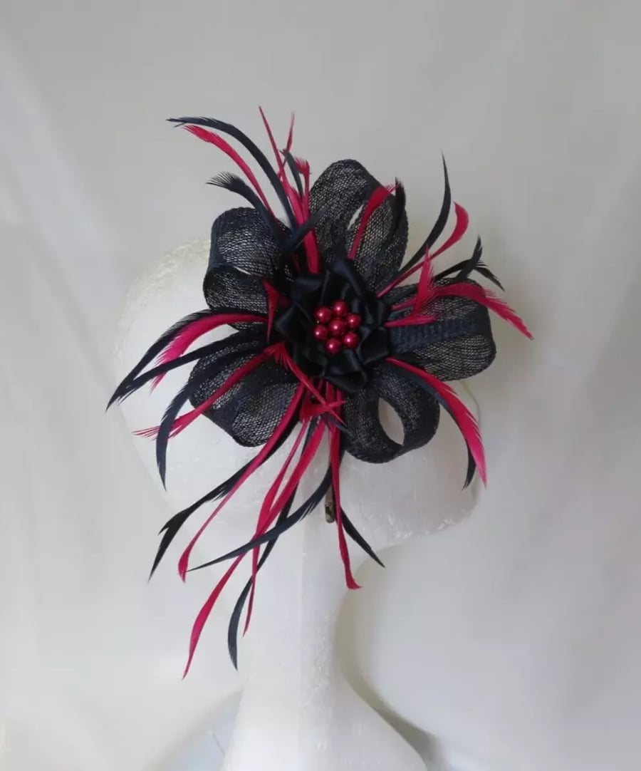 Navy Blue and Dark Cerise Cherry Pink Sinamay Loop Fascinator Mini Hat