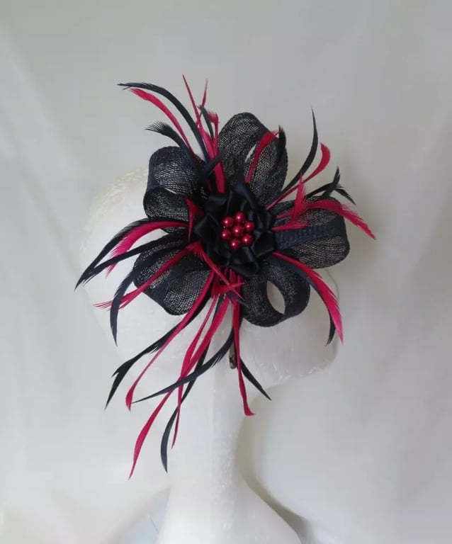 Navy Blue and Dark Cerise Cherry Pink Sinamay Loop Fascinator Mini Hat