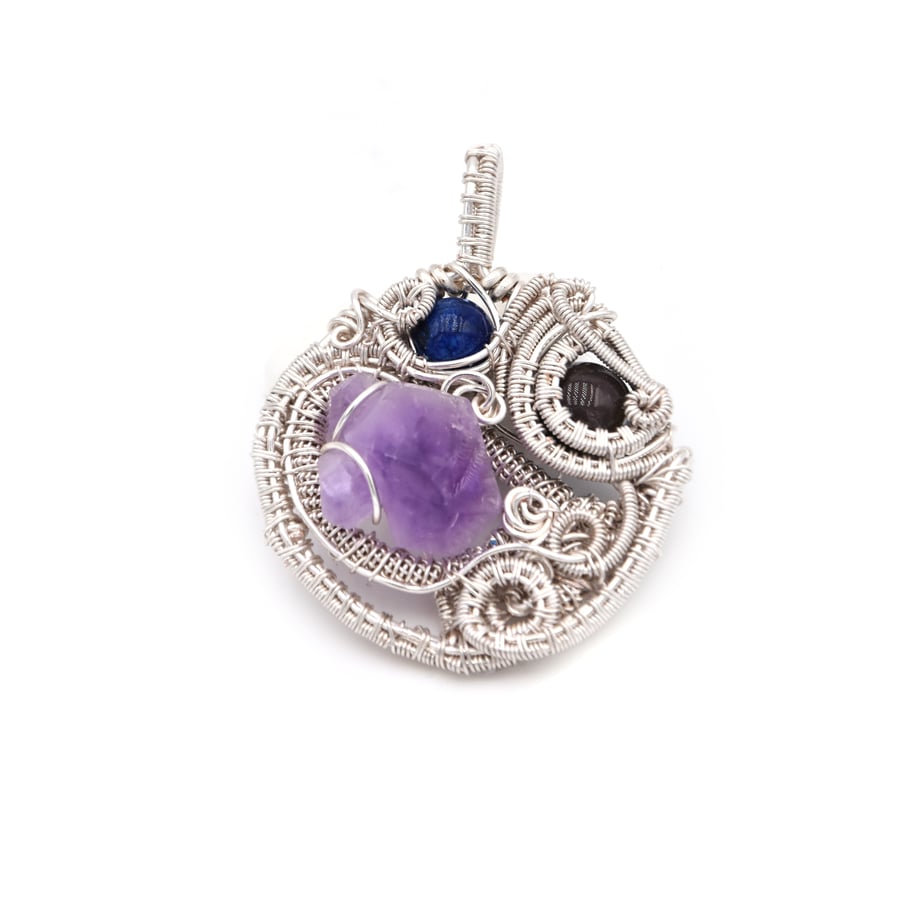 Pendant - wire wrapped amethyst lapis lazui and... - Folksy