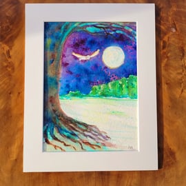 Hunters Moon  original watercolour, abstract woodland scene