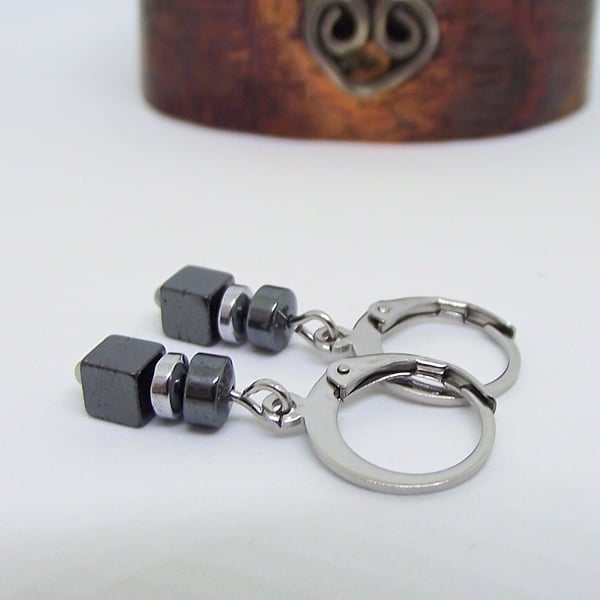 Earrings hoop black silver haematite 