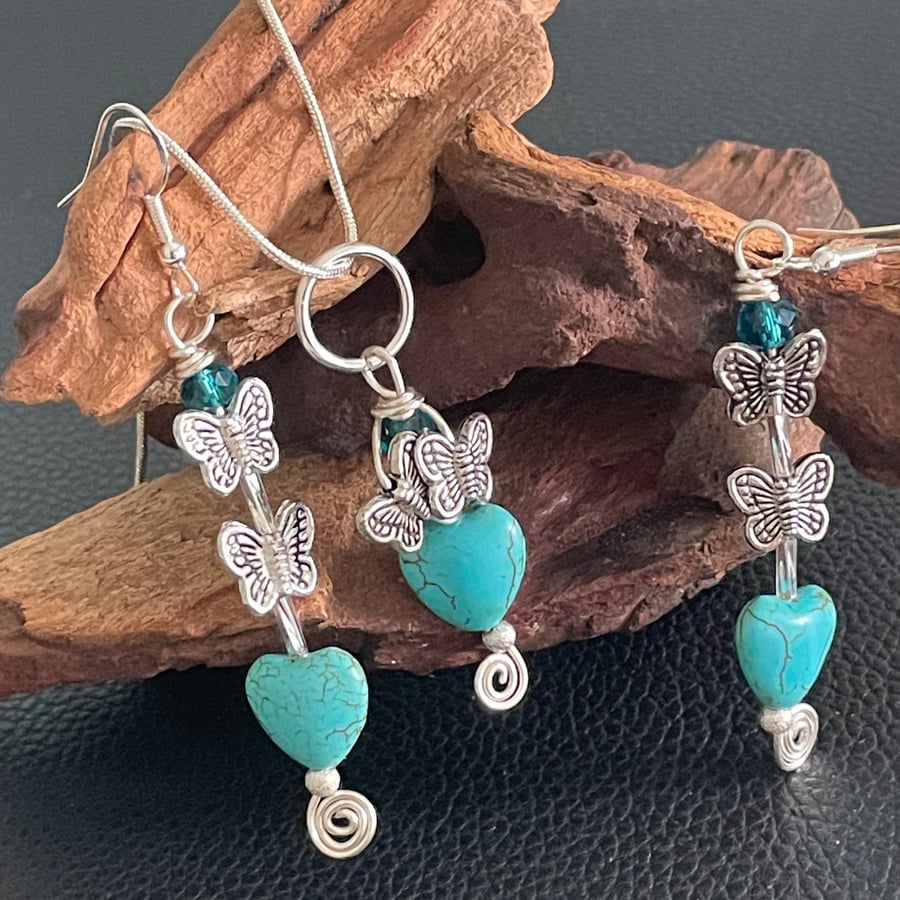 Turquoise Heart and Butterflies Pendant & Earrings 