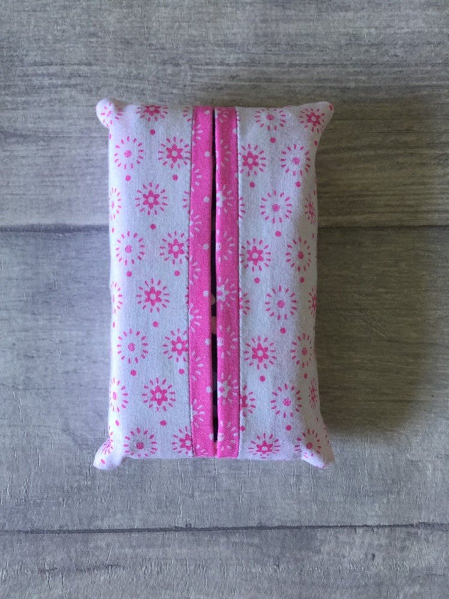 Pocket tissue packet cover, tissue cover, white and bright pink, travel tissues