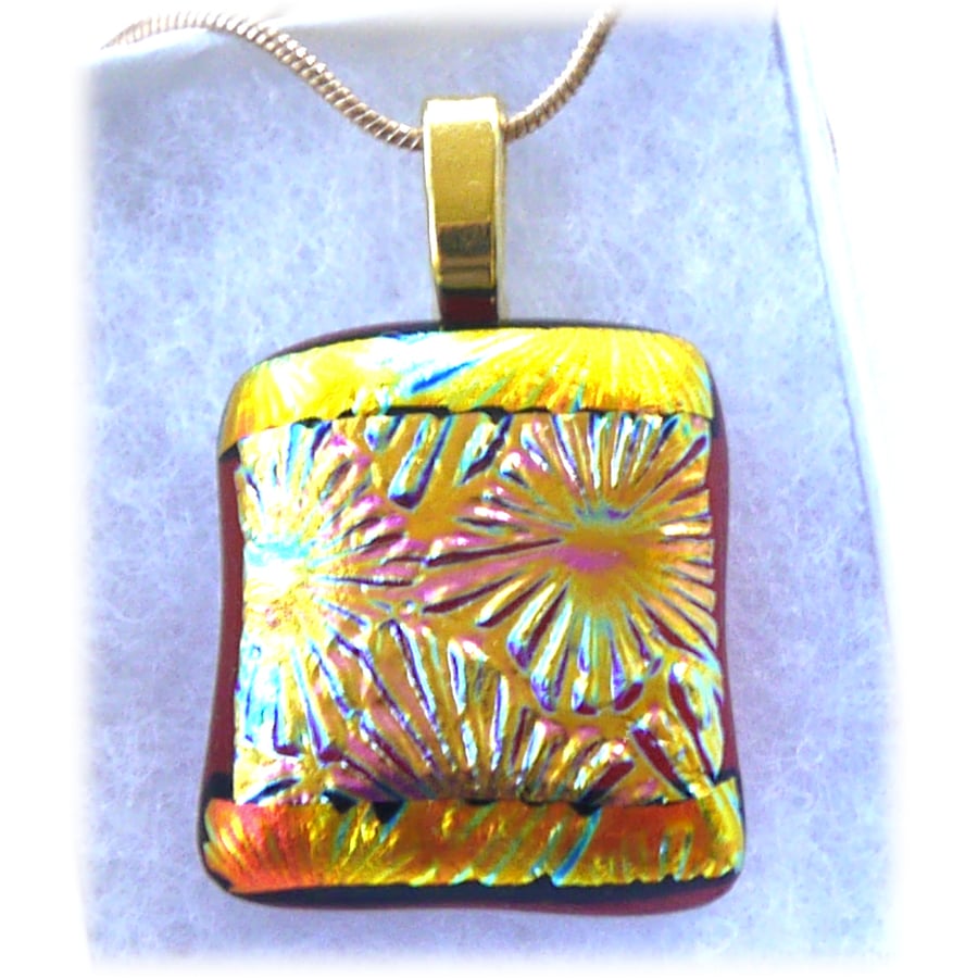 Dichroic Glass Pendant 174 Plum Golden Beams Handmade with gold plated chain
