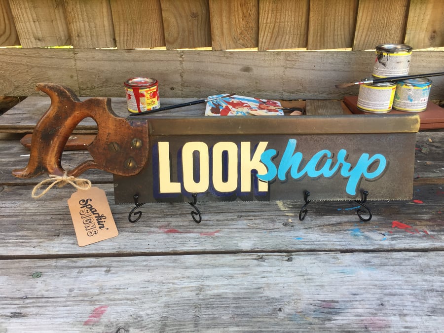 'LOOK sharp' hand-painted vintage saw