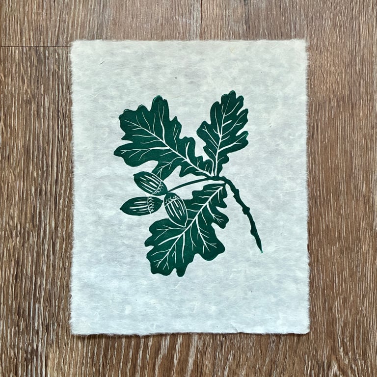 PERFECTLY IMPERFECT Oak leaf and acorn original linocut print in forest green