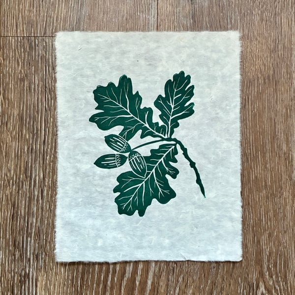 PERFECTLY IMPERFECT Oak leaf and acorn original linocut print in forest green