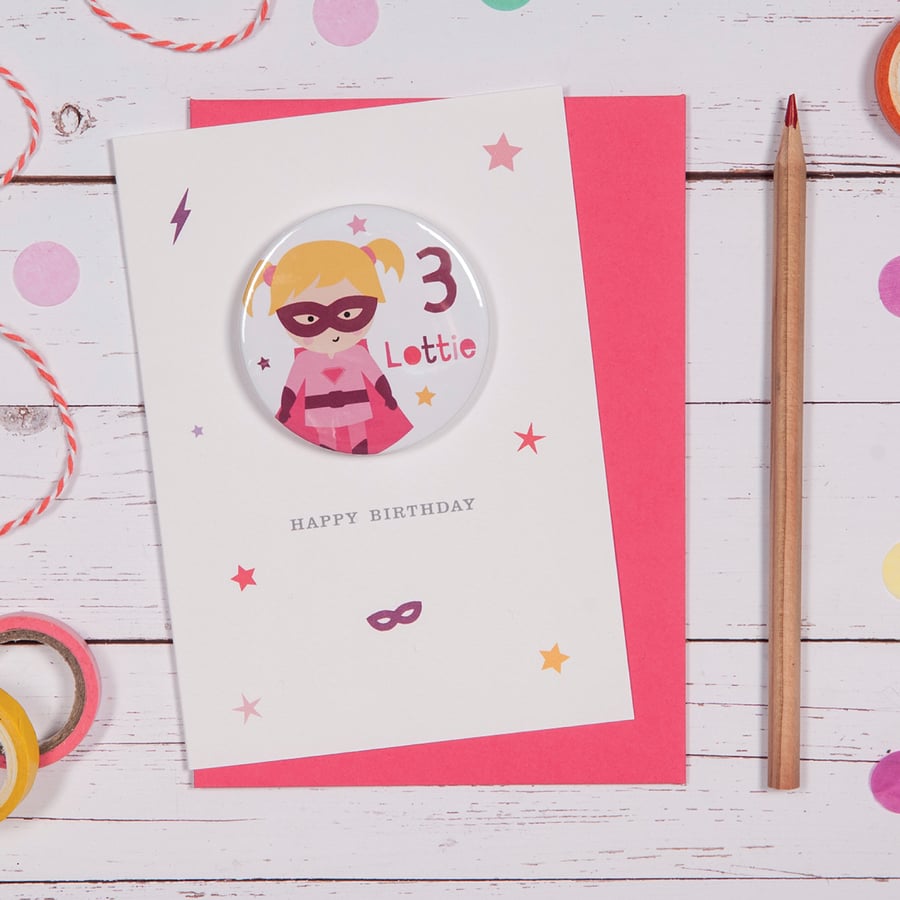 SUPERHERO GIRL BADGE BIRTHDAY CARD