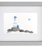 Blue Lighthouse - Pebble Art & Sea Glass Picture - Handmade - Wall Decor