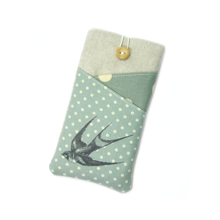 iPhone 6 Sleeve, iPhone Case, Phone Pouch, Swallow on Sage Green
