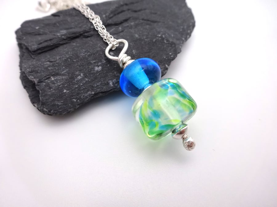 lampwork glass green and blue pendant necklace