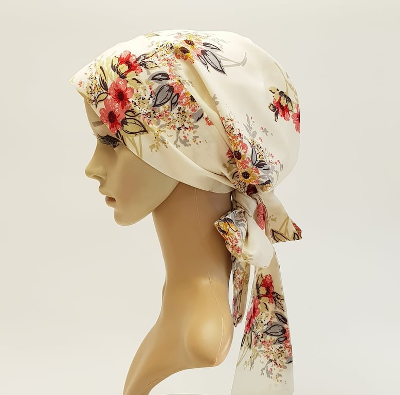 Chemo head wear, full head covering, alopecia, hair loss, lined head scarf