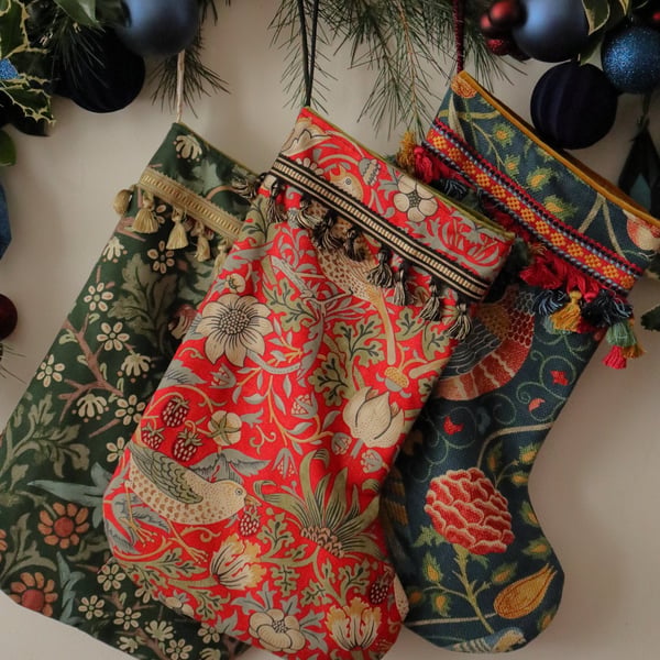 William Morris Christmas Stocking Strawberry Thief Crimson Red