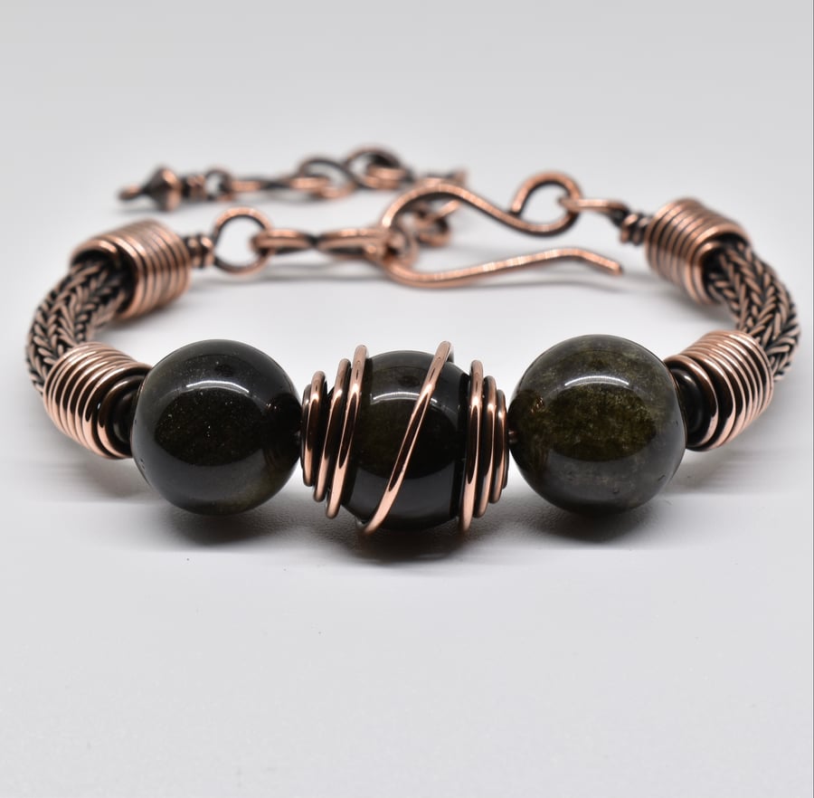 Golden Obsidian and Copper Viking Weave Bracelet