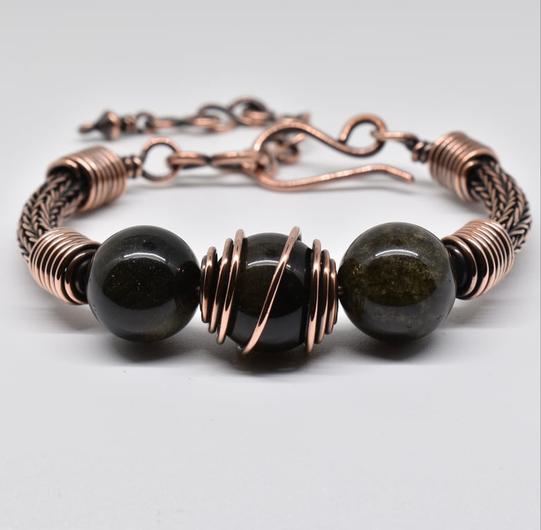 Golden Obsidian and Copper Viking Weave Bracelet