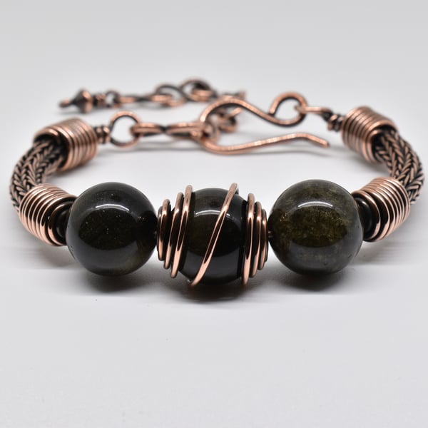 Golden Obsidian and Copper Viking Weave Bracelet