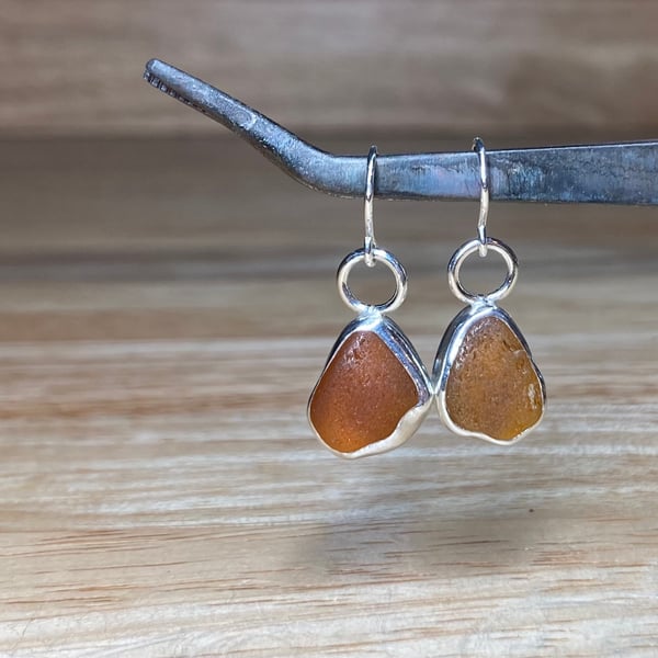 Handmade Sterling & Fine Silver Dangle Earrings with Amber Welsh Sea Glass