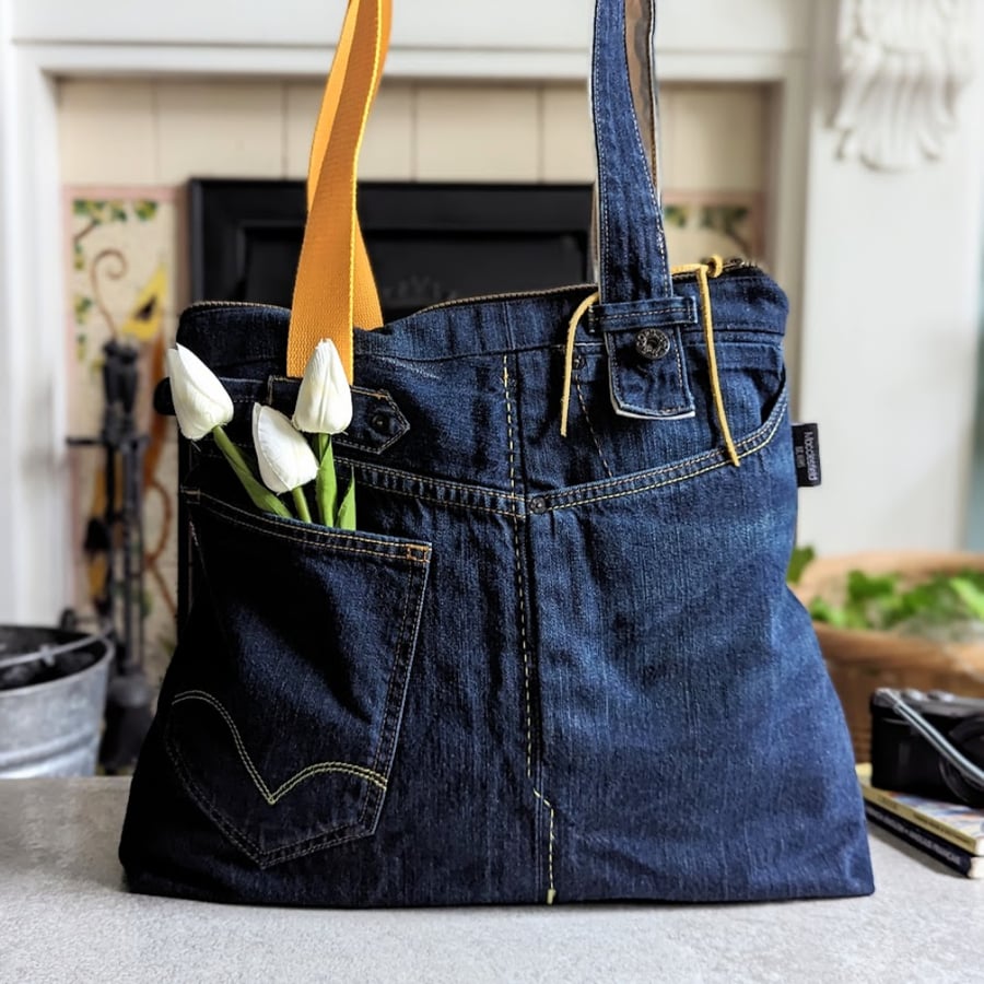 Recycled Denim Zipped Large Shoulder Tote Bag Floral Lining