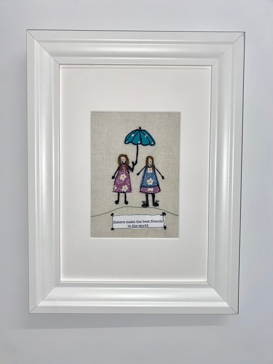 Sister wall art, free motion machine embroidery artwork, gift, free postage