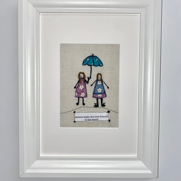 Sister wall art, free motion machine embroidery artwork, gift, free postage