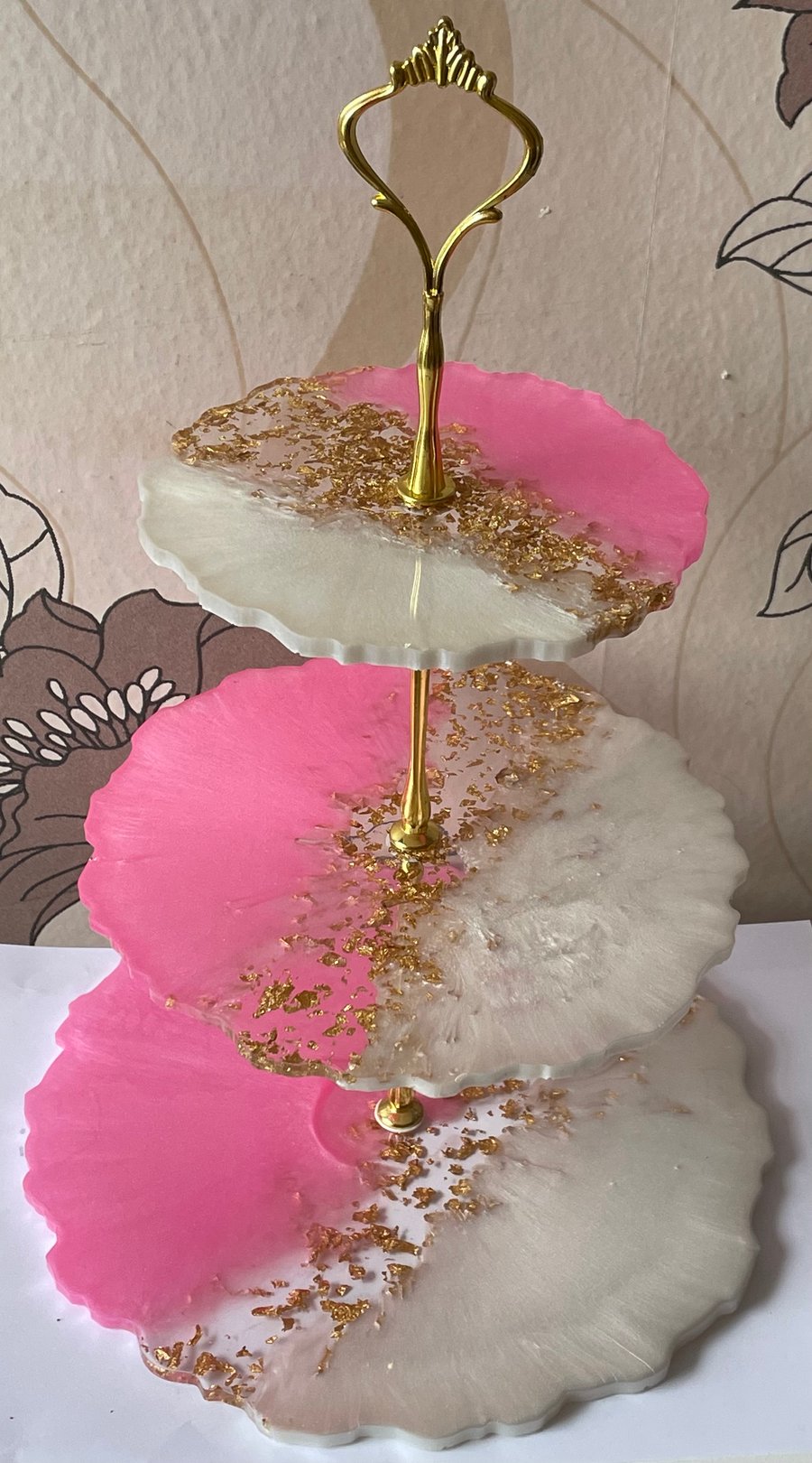 Handmade Resin 3 Tier Cake Stand, Pink & Gold
