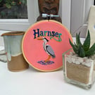 'Harnser' Hand Embroidered Heron Hoop Art – Norfolk-Inspired Textile Wall Art