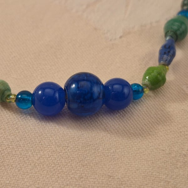 Blue & green paper and glass beaded necklace with blue accent beads