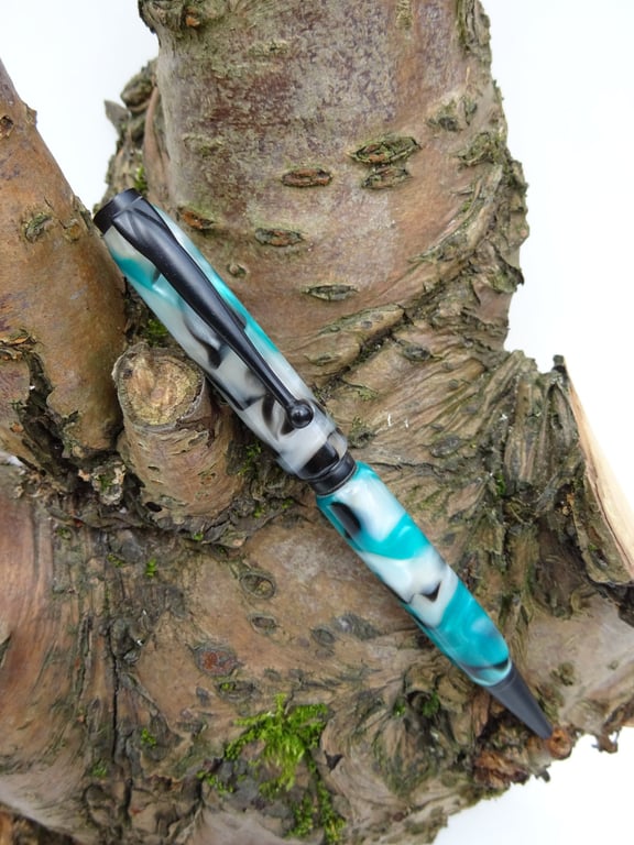 Green, White and Black - Satin-Black Hardware - Lathe Turned Acrylic Writing Pen