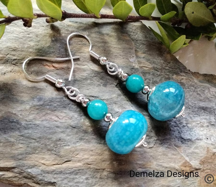 14mm Rondelle Agate & Quartzite Earrings Silver Plated