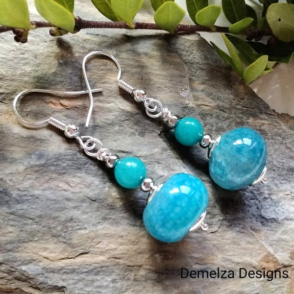 14mm Rondelle Agate & Quartzite Earrings Silver Plated